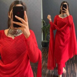 Auspicious Red Color chikankari stitched suit